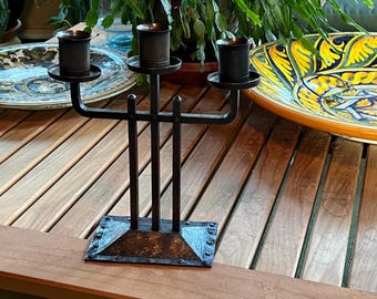Hand Hammered Copper Candlestick, Bronze Patina, Arts and Crafts Style