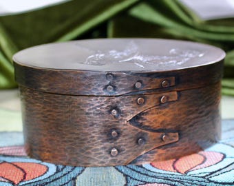 Hammered Copper Shaker Box: Bird & Peach Chased Design, Bronze Patina