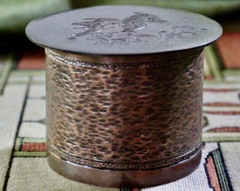 Round Hammered Copper Ring Box: Chased Japanese Bird & Wave Design, Bronze Patina