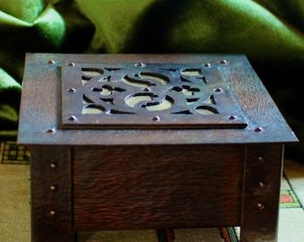 Hammered Copper Lidded Box: German Silver Pierced Lid, Riveted Legs, Bronze patina