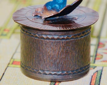 Hand Hammered Copper Ring Box: Blue Butterfly Accent, Bronze Patina.