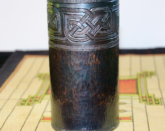 Hammered Copper Cylinder Vase: Celtic Knot Design, Dark Bronze Patina.