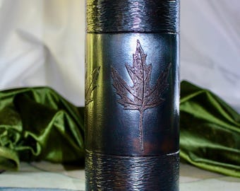 Hammered Copper Cylinder Vase: Dark Bronze Patina, Etched Maple Leaf Design