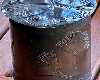 Etched Copper Lidded Vessel, Gingko Leaf Design, Bronze Patina