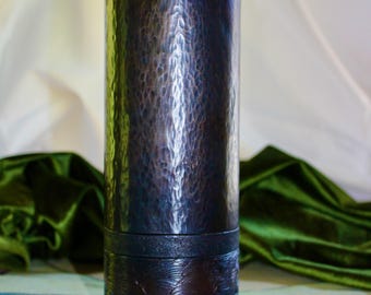 Hammered Copper Cylinder Vase: Bronze Finish, Japanese Wave Chased Band