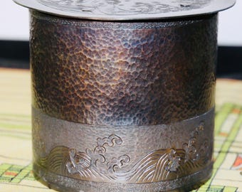 Hand Hammered Copper Vessel: Chased Japanese Wave Design, Antique Bronze Patina