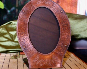 Hand Hammered Copper Photo Frame: Holly Berry Detail, light bronze patina, 4x6