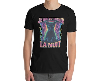 T-shirt à Manches Courtes Je vais te toucher la nuit Chat Larry Lakaka Brainrot Francais Unisexe Noir