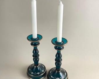 Vintage Tiffin #76 Peacock Blue Candlestick Pair; Hand-Painted Floral Enamel & Gold Trim; 1920s–30s
