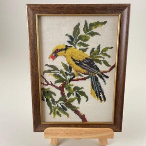 Vintage Needlepoint Art of Bird Framed – Hand-Stitched Cottagecore Embroidery - Small
