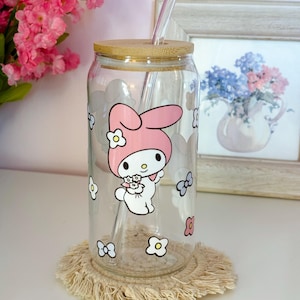 My Melody Glass Cup, Iced Coffee Cup, Glass Cup with Lid and Straw, 20oz Cup