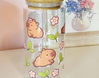 Capybara Glass Cup with Bamboo Lid & Straw, Floral Iced Coffee Cup