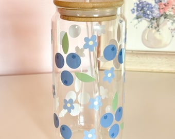 Blueberry Glass Cup, Glass Cup with Lid and Straw, Blueberry Cup, Iced Coffee Glass Cup