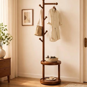 May include: A dark brown wooden coat stand with multiple hooks, a round shelf, and a lower base. A beige handbag and a white shirt dress hang from the hooks. A woven basket and a plate sit on the shelves. The stand is in a well-lit room.