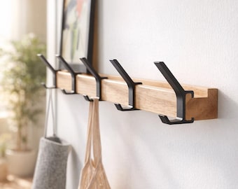 Perchero de pared moderno de madera con estante | Organizador de entrada con 5 ganchos dobles móviles, soporte minimalista nórdico para toallas y sombreros