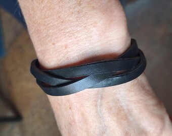 Triple Strand Leather Cuff Bracelet Black Adjustable  ALC
