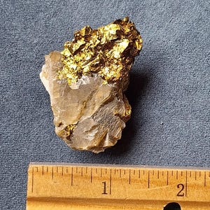 May include: A natural mineral specimen featuring a cluster of golden pyrite crystals atop a light-colored quartz base. The specimen is approximately 1 inch in length, displayed on a blue surface with a wooden ruler.