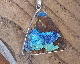 Raw Drusy Azurite Chrysocolla Pendant Sterling Silver