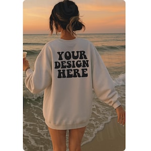 Gildan 18000 White Back of Sweater | Beach Mockup White | Outdoor Mockup | White Sweater mockup | G18000 White Trendy Oversized Mockup