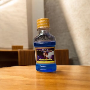 Puede incluir: Una pequeña botella de vidrio transparente con tapa amarilla y líquido azul. La etiqueta dice "Holy Love Attraction Oil" con una imagen de una figura alada. La botella está sobre una superficie de madera.