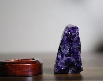 Small Amethyst Crystal Specimen with Wooden Stand – Natural Purple Mineral Decor