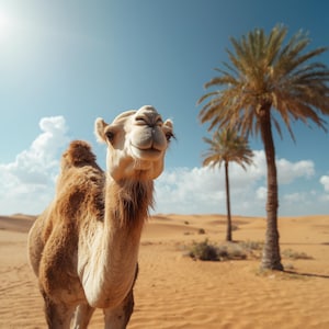 Può includere: Un cammello sorridente in un paesaggio desertico, sotto un cielo azzurro brillante con palme. Il cammello ha una pelliccia marrone chiaro e guarda la fotocamera. Le dune di sabbia sono di colore marrone caldo.