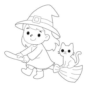 May include: Line art illustration of a witch flying on a broom with a cat. The witch wears a pointed hat with a buckle, a dress, and boots. The cat sits on the broom, and the text "ArtHardWorking" is in the upper left corner.