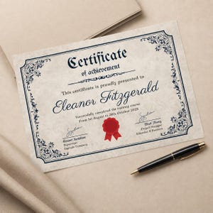 Puede incluir: Un certificado de logro con bordes y texto azules ornamentados. El certificado se presenta a Eleanor Fitzgerald, con firmas y un sello rojo. Un bol&iacute;grafo negro con detalles dorados descansa al lado.