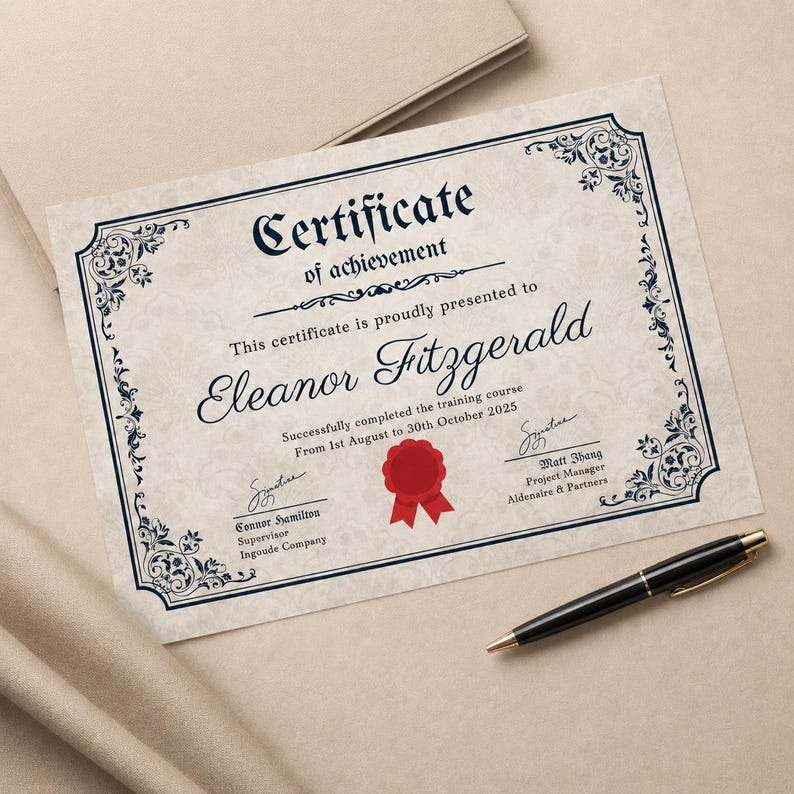 Puede incluir: Un certificado de logro con bordes y texto azules ornamentados. El certificado se presenta a Eleanor Fitzgerald, con firmas y un sello rojo. Un bol&iacute;grafo negro con detalles dorados descansa al lado.