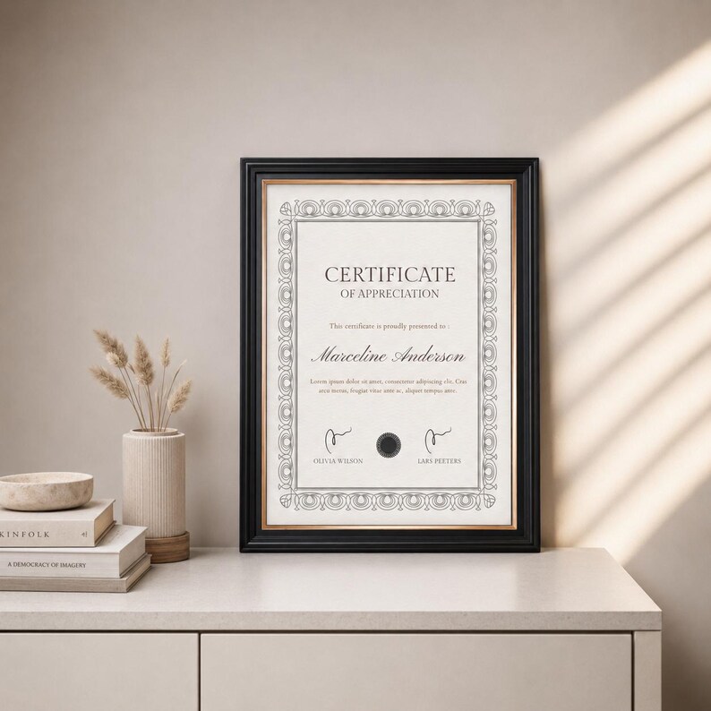 Puede incluir: Un certificado de reconocimiento enmarcado con un marco negro. El certificado tiene bordes decorativos y el texto "Certificado de Reconocimiento" y el nombre del destinatario. El certificado se muestra sobre una superficie blanca.