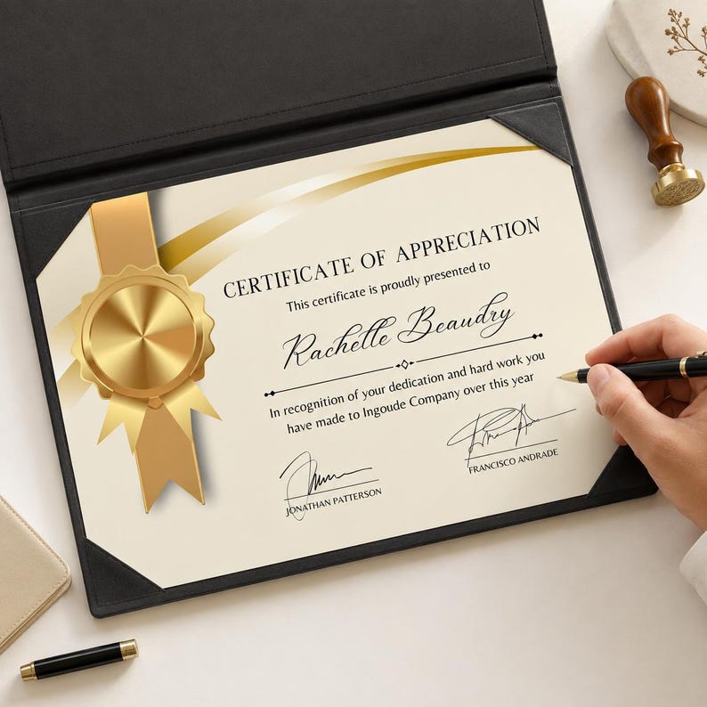 Puede incluir: Un certificado de reconocimiento en una carpeta negra. El certificado tiene detalles dorados, un sello dorado y el texto "CERTIFICATE OF APPRECIATION". El certificado se presenta a Rachelle Beaudry.
