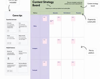 Modello Canva per la pianificazione dei contenuti sui social media, calendario Instagram, pianificatore di strategie TikTok, download digitale modificabile.