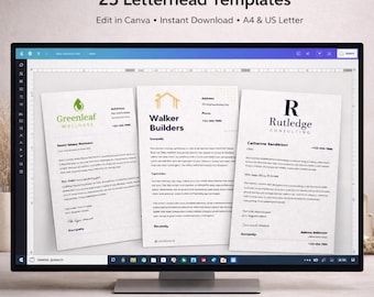 25 plantillas de membrete para Canva, papelería comercial, tamaño A4/Carta estadounidense (descarga digital)