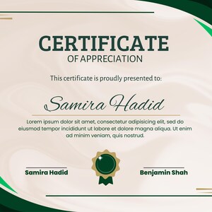 Puede incluir: Un certificado de reconocimiento con un dise&ntilde;o verde y dorado. El texto dice "CERTIFICADO DE RECONOCIMIENTO" y "Samira Hadid". El certificado tiene un borde decorativo y un sello verde.