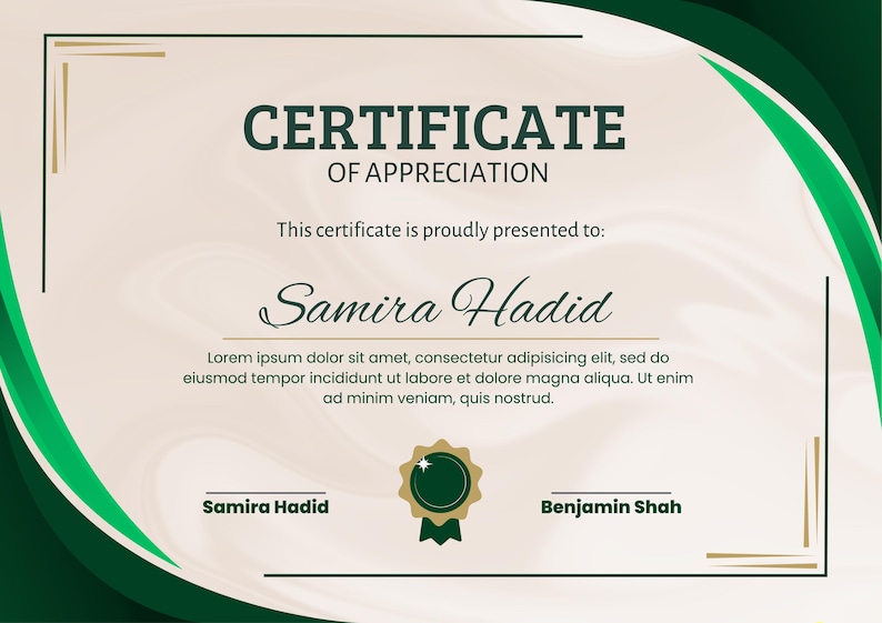Puede incluir: Un certificado de reconocimiento con un dise&ntilde;o verde y dorado. El texto dice "CERTIFICADO DE RECONOCIMIENTO" y "Samira Hadid". El certificado tiene un borde decorativo y un sello verde.