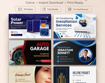 42 plantillas editables de tarjetas de visita para Canva, diseño moderno y profesional, paquete de elementos de marca imprimibles, descarga digital.
