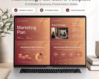 Modello Canva per piano di marketing, presentazione aziendale modificabile, pitch deck color terracotta, download digitale.