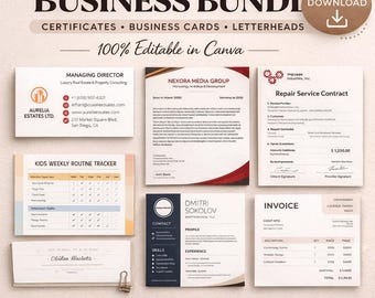 Paquete de plantillas editables de Canva para negocios: factura, contrato y membrete (descarga digital).