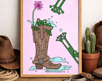 Cowboy kikker illustratie, westerse dieren kunstprint (8 x 12)