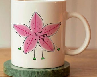 Pink Lily Flower Mug, Cottagecore Floral Ceramic Coffee Cup