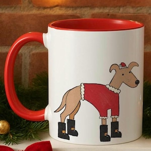 Tazza natalizia con Whippet, tazza Lurcher, tazza in ceramica con Greyhound, tazza con illustrazione di un simpatico Whippet, tazza con interno rosso, regalo di Natale per cani