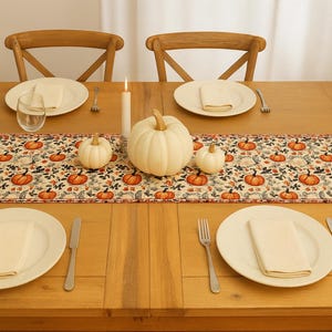 Vändbar bordslöpare 132 cm med broderi + pärlkanter, bordsdekoration till Thanksgiving/höst
