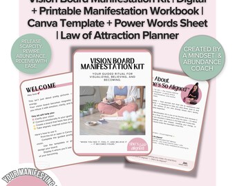 Vision Board Manifestation Kit | Digital + Printable Manifestation Workbook | Canva Template + Power Words Sheet | Law of Attraction Planner