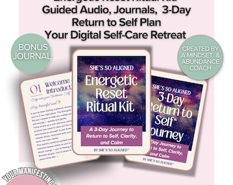 Energisk återställningsritualkit, guidad ljudinspelning, dagböcker, 3-dagars återgångsplan, digital självvårdsretreat för lugn, guidad meditation