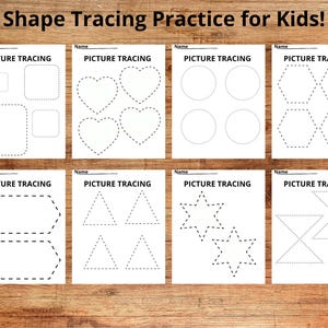 Op de afbeelding: Een set van acht witte werkbladen voor kinderen, met oefeningen om vormen te traceren. Elke pagina heeft de woorden "Picture Tracing" en "Name" bovenaan. Vormen zijn onder meer vierkanten, harten, cirkels, zeshoeken, driehoeken en sterren. De tekst "Shape Tracing Practice for Kids!" staat bovenaan.