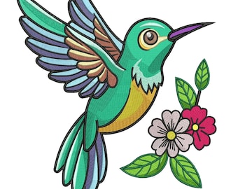 Colorful Hummingbird Embroidery Design, Cute Bird Machine Embroidery Pattern, Floral Bird Stitch File, Instant Download 5 Sizes.