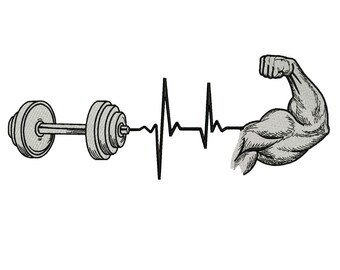 Fitness Heartbeat Embroidery Design, Gym Lifeline Weightlifting Bicep Flex Embroidery Pattern, Fitness Motivation File, Instant Download.