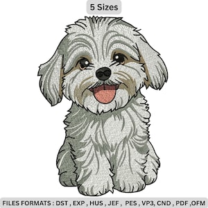 Op de afbeelding: Geborduurd ontwerp van een zittende, lachende hond met grijs en bruin haar. De hond heeft bruine ogen en een roze tong. De tekst "5 Sizes" staat bovenaan en "FILES FORMATS: DST, EXP, HUS, JEF, PES, VP3, CND, PDF, OFM" onderaan.