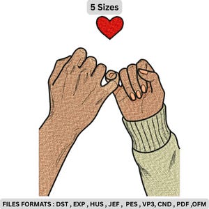 May include: An embroidered design featuring two hands interlocked in a pinky promise, with a red heart above. The design includes the text "5 Sizes" and file format information. The hands are detailed with skin tone shading and the sleeve is a light green color.