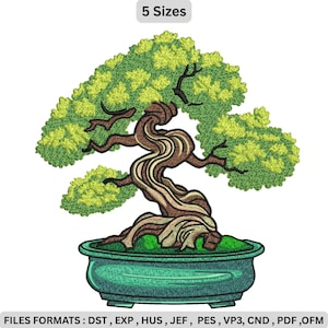 May include: An embroidered bonsai tree design in a green pot. The tree has a twisted brown trunk and light green foliage. The image includes the text "5 Sizes" and file format information.